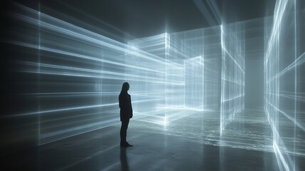 Silhouette Woman Observing Futuristic Light Installation Modern Digital Art Abstract Glowing Lines Architectural Design Interior Space Technology     