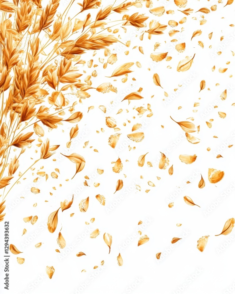 Poster golden wheat stalks and falling grains against a white background creating a serene and elegant visu