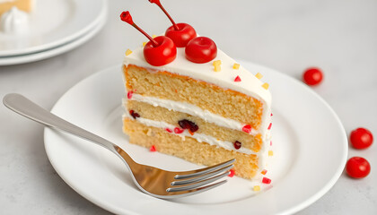 Layered cake slice with cherries and colorful sprinkles on a white plate with a fork


