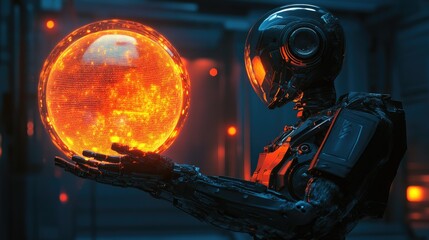 Fototapeta premium A futuristic robot offering a human a glowing, transparent data sphere.