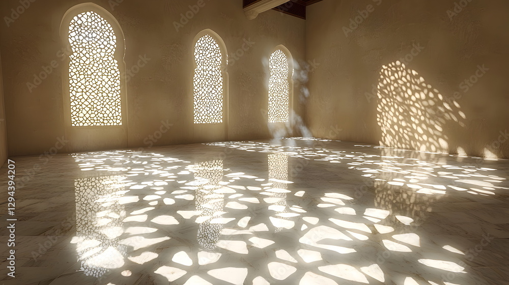 Poster sunlight casting intricate shadows through decorative window frames onto a marble floor in a spaciou