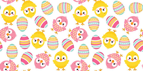 seamless Easter pattern with pink and yellow chickens and bright Easter eggs on a white background, spring design for cards decorations textile paper © pani_Nadichka