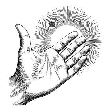 Hand Palm with Sunburst Effect Detailed Black and White Outline Line Art Drawing