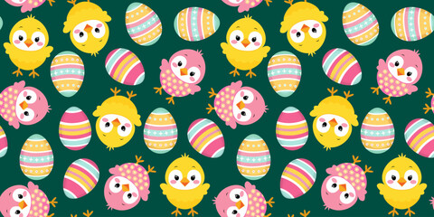 seamless Easter pattern with pink and yellow chickens and bright Easter eggs on a dark green emerald background, spring design for cards decorations textile paper
