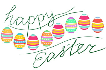 Festive Easter Vector Illustration with Colorful Decorated Eggs and Elegant "Happy Easter" Calligraphy Perfect for Holiday Cards and Designs