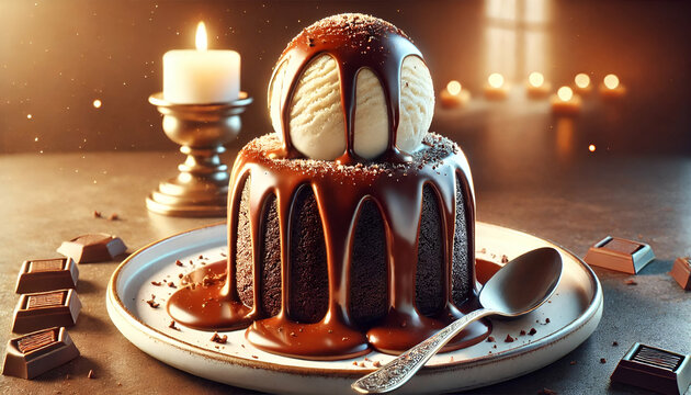 round chocolate lava cake with vanilla ice cream on top, drizzled in fudge sauce and melting into the center of its white plate on blurred background also spone in plate