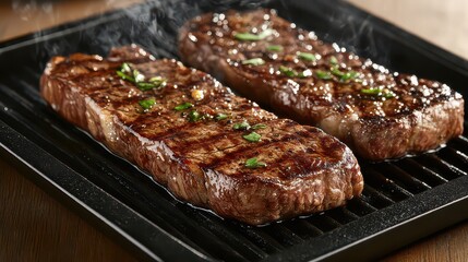 A professional shot of a sizzling New York strip steak on a hot grill, with juices and smoke rising, ready to be served.