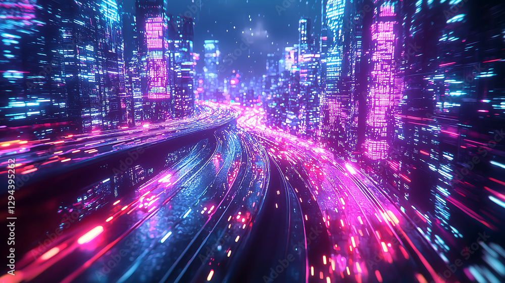 Poster futuristic ai-controlled smart traffic system with glowing holographic highways in a neon cyberpunk 