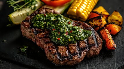 A professional studio shot of a beef steak topped with chimichurri sauce, served with a side of grilled corn and vegetables.
