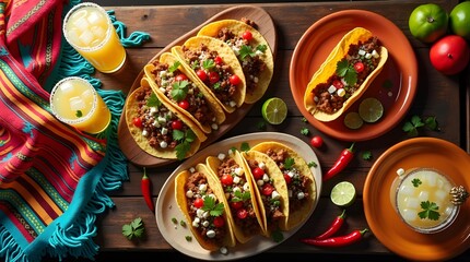 Mexican Tacos and Margaritas on a Colorful Cinco de Mayo Table, Authentic Mexican Street Tacos with Fresh Ingredients and Spicy Peppers, Traditional Mexican Fiesta Table with Tacos, Margaritas