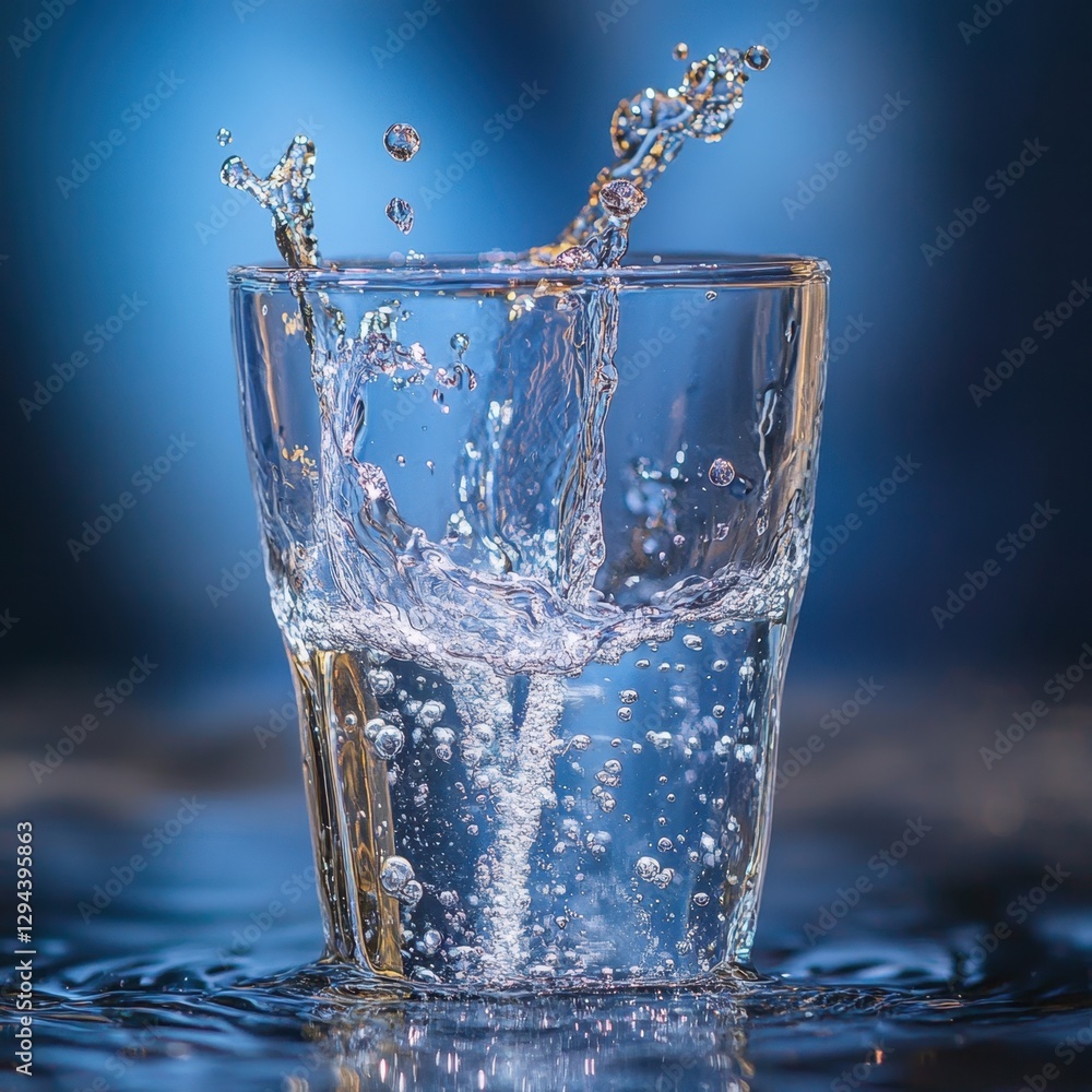 Poster captivating splash of water in a clear glass against a deep blue background creating a dynamic and r