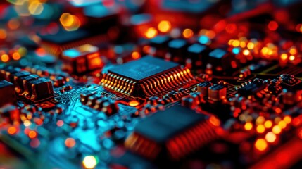 Fototapeta premium Close-Up View of Colorful Circuit Board with Chips and Lights