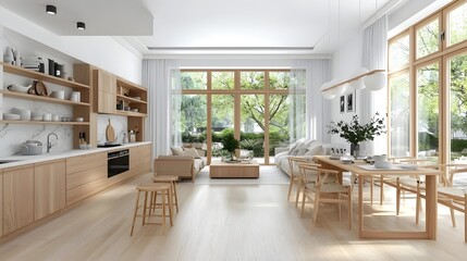 Elegant and cozy open concept kitchen and dining area with high end wooden and marble furnishings bathed in soft natural light and exuding a harmonious blend of modern design and warm