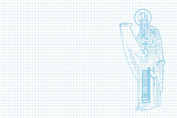 Gregory of Nazianzus. Illustration sketch in Byzantine style on school sheet notebook paper pattern