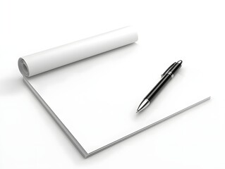 Elegant blank notepad with a sleek black pen resting diagonally on a clean minimalist workspace  Soft natural light casting subtle shadows creating a simple