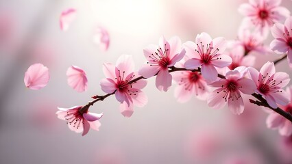 Obraz premium Delicate Pink Cherry Blossom Branch with Petals Floating Elegantly