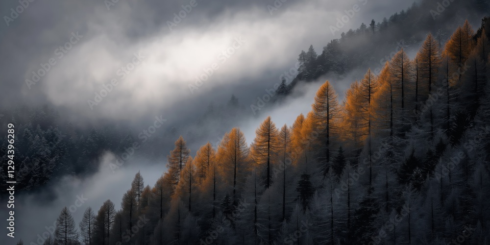 Poster a forest with snow on the ground and trees in the foreground. the trees are bare and the sky is clou