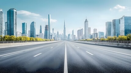 Obraz premium Expansive urban skyline with open road leading towards towering skyscrapers evoking a sense of journey ambition and endless possibilities