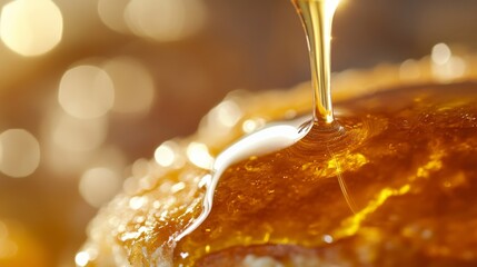 Golden honey dripping from a spoon onto a textured surface with a warm bokeh background