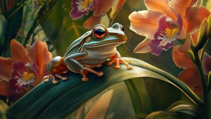 A vibrant tree frog sits perched on a lush leaf amidst a profusion of colorful orchids in a tropical garden.