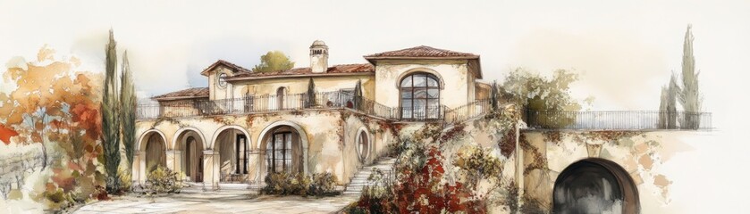 Rustic Watercolor Painting Of An Aged Stone House In The Mediterranean Region Of Europe And South West Asia. An Exterior View Of A House With Stone Walls And Details Like Arches And Windows. A