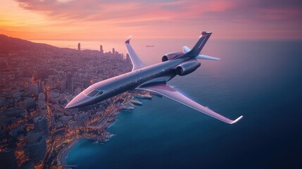 Naklejka premium A sleek jetliner flying above a coastal city at twilight, its wings cutting through the pastel-colored sky.