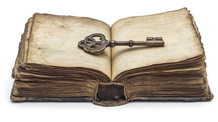 Open book with vintage key nestled between its pages