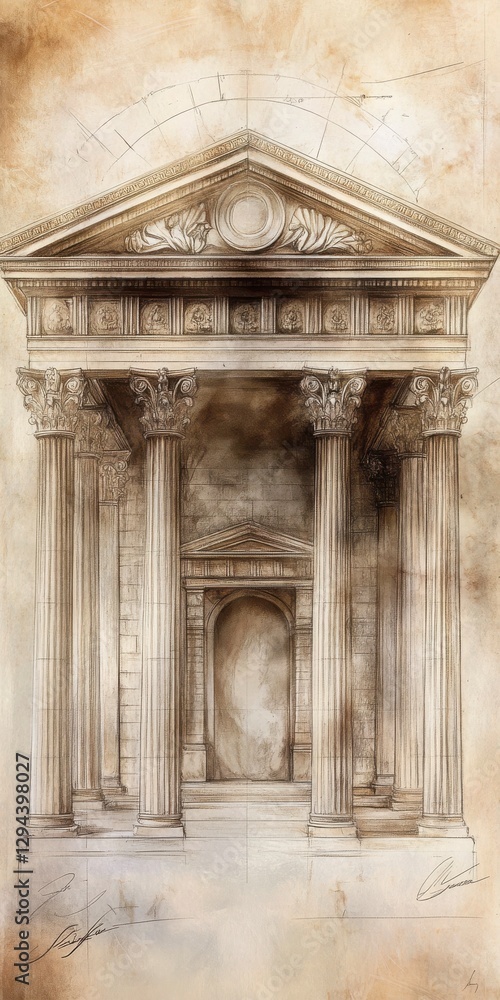 Poster sepia drawing of a classical building with columns and aged paper texture and details to illustrate 