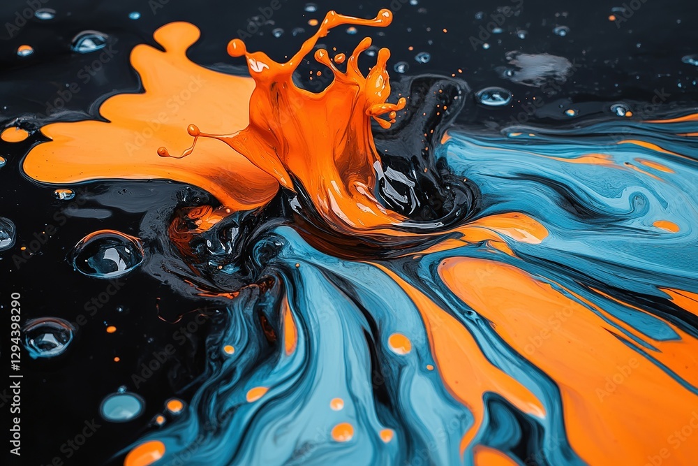 Poster colorful paint splash creating dynamic patterns with vibrant orange and teal colors