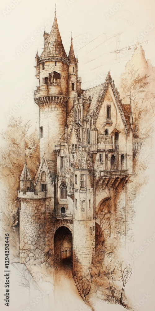 Aufkleber sepia drawing of a majestic stone castle with a tall tower and gate entrance path leading to it show