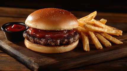 Delicious juicy burger with ketchup and crispy fries on a rustic wooden board perfect for food photography and culinary blogs