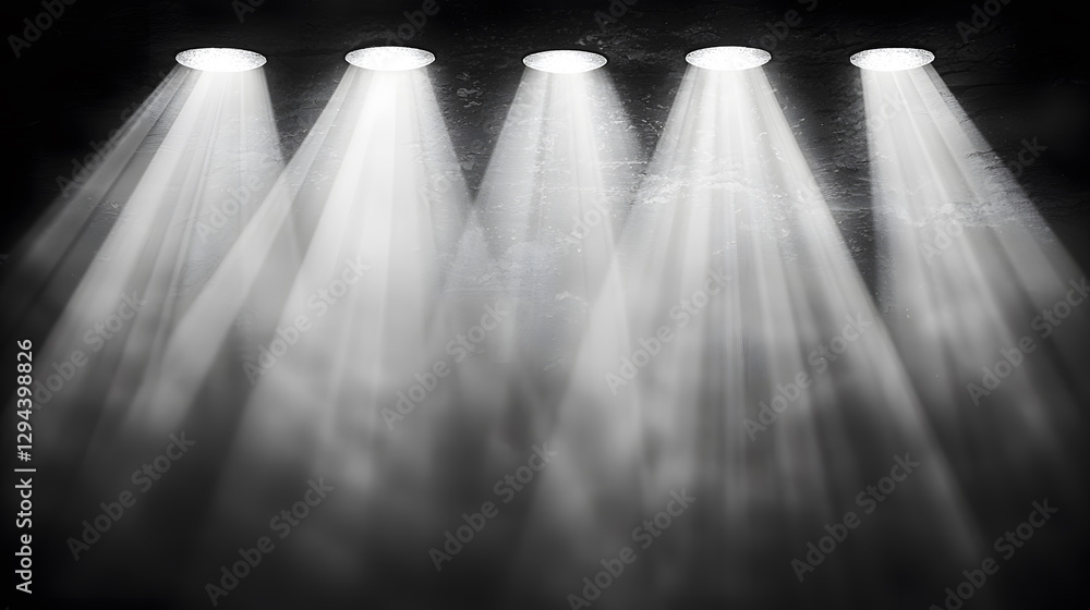 Poster bright beams of light shining down from circular fixtures onto a dark textured surface creating dram