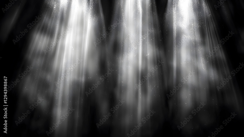 Poster soft beams of light illuminating dark space with scattered particles creating an ethereal atmosphere
