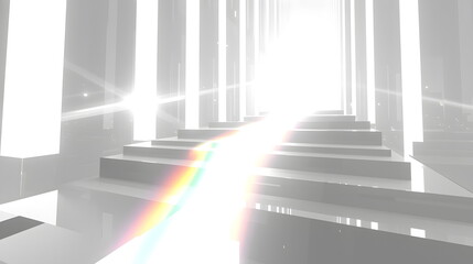 Obraz premium Bright pathway leading to a luminous light with reflective surfaces and rainbow hues in a futuristic setting
