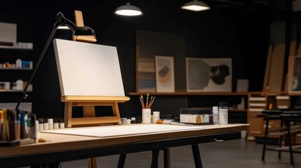 Art studio with easel and painting supplies, showcasing creative workspace and artworks