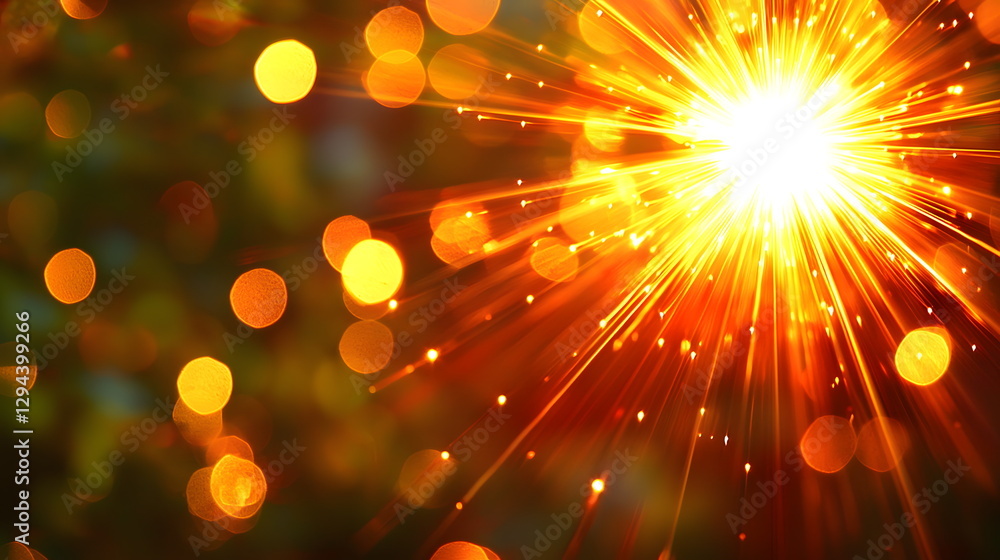 Poster radiant burst of sunlight creating bright golden flare with soft bokeh background in vivid warm colo