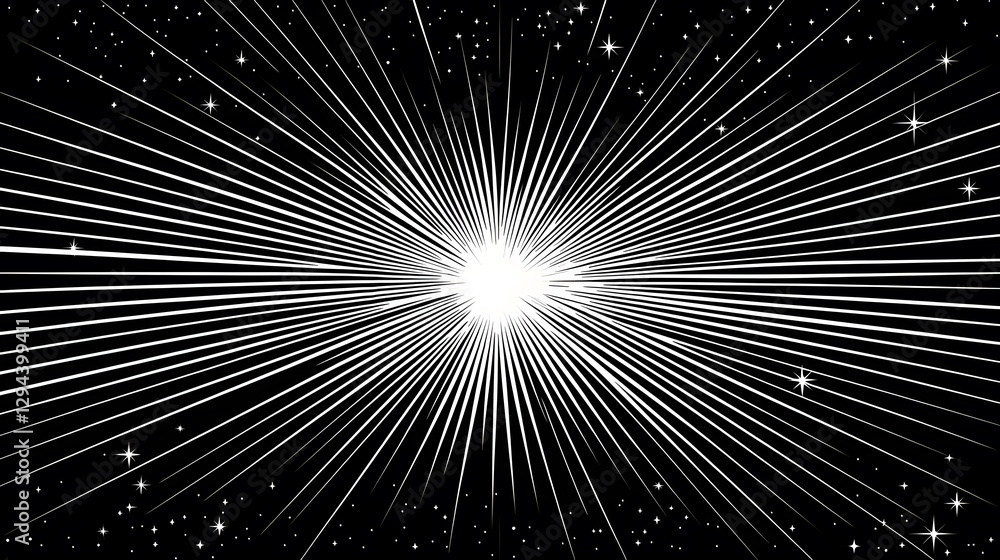 Aufkleber bright burst of light radiating outward with starry background in black and white color scheme creat