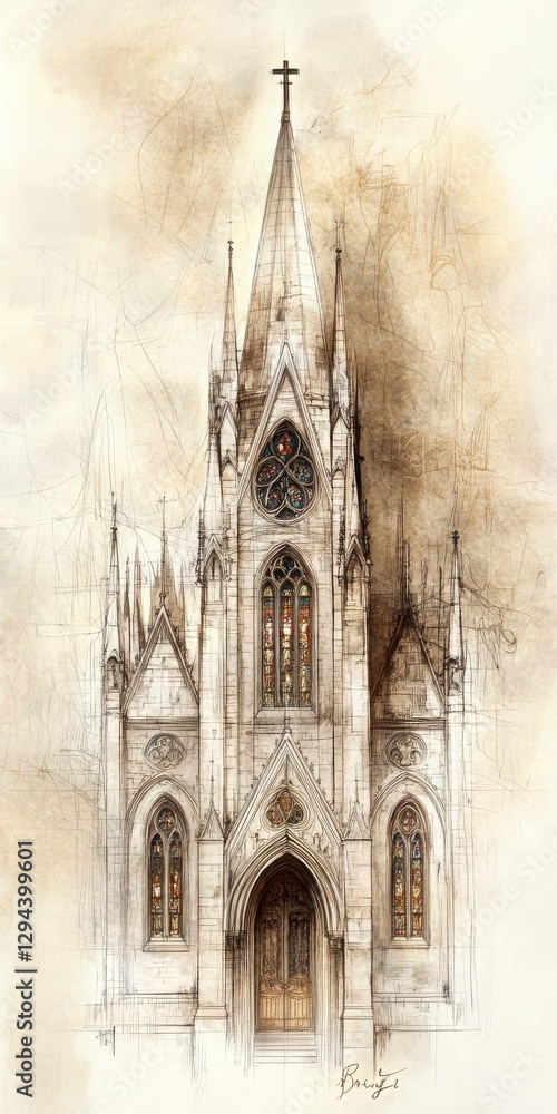 Aufkleber sepia drawing of gothic church with pointed spire structure design and details of a religious buildi