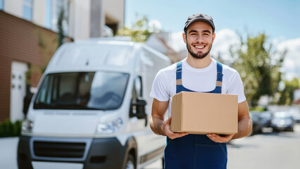 Delivery worker smiling while holding a package in a suburban neighborhood on a sunny day