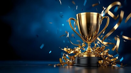 Gleaming golden trophy stands amidst a shower of celebratory confetti symbolizing corporate achievement business success and the triumph of hard work and dedication