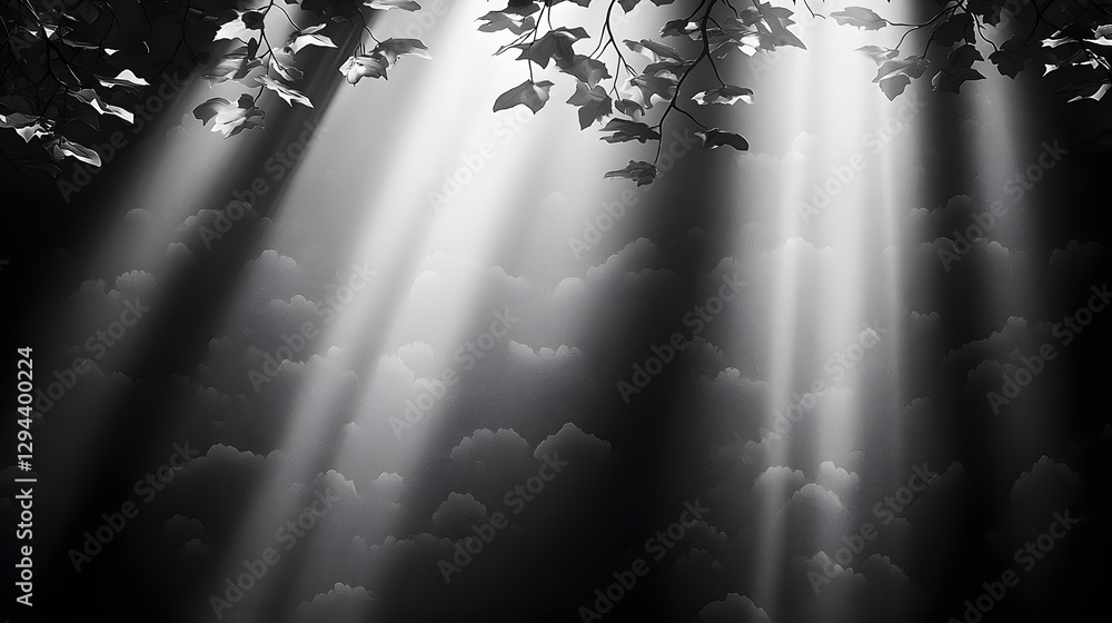 Poster bright beams of light filtering through dark clouds and leafy branches in a serene natural setting.