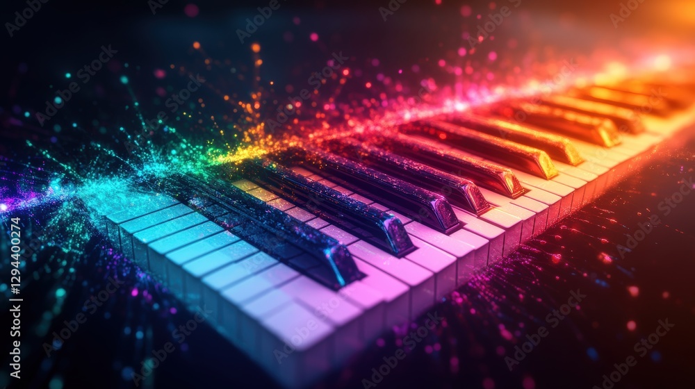 Poster piano keyboard illuminated by colorful lights with an abstract highway background design