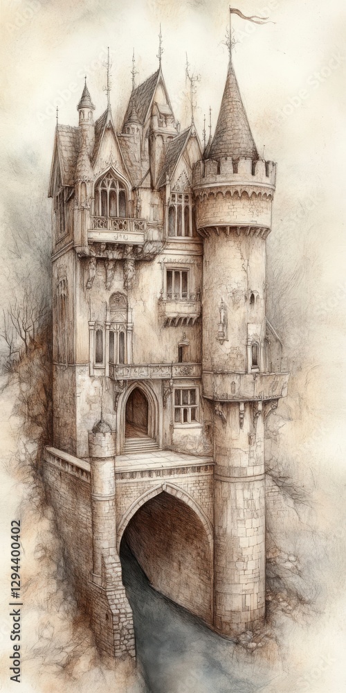 Poster sepia illustration of a medieval stone castle tower with an arch bridge over a waterway system using