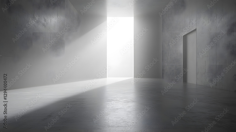 Poster light streaming through an open door in a minimaic gray interior with a smooth floor and shadowed wa