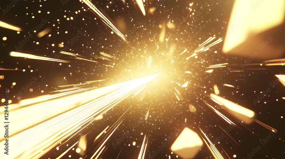 Poster radiant golden explosion with shimmering particles and dynamic light rays spreading in all direction