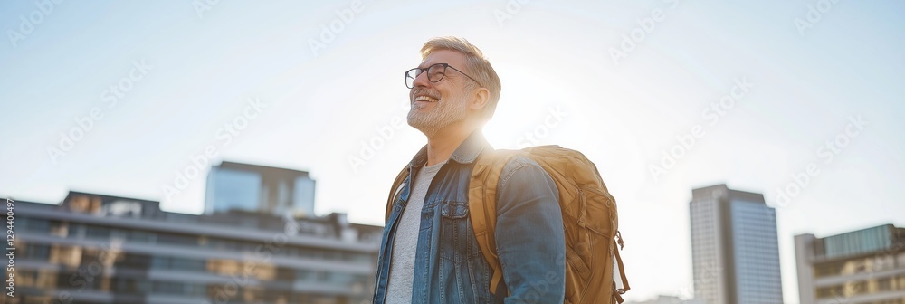 Poster a man with a backpack is standing in front of a city skyline. he is smiling and looking up at the su