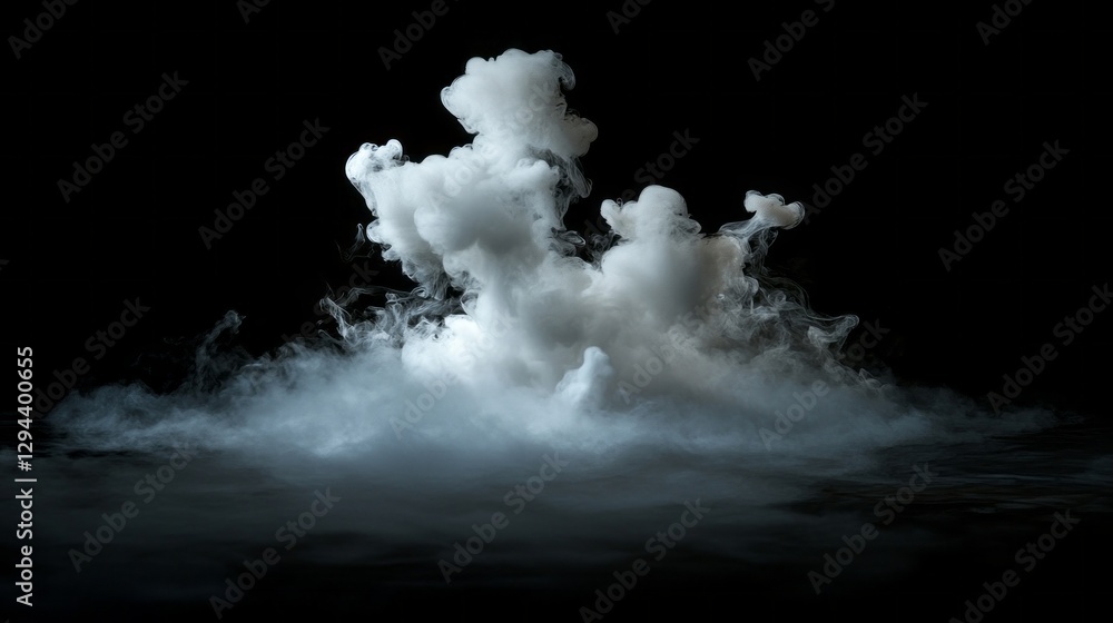 Poster soft white clouds rise and twist in a dark environment, evoking a sense of mystery and tranquility. 