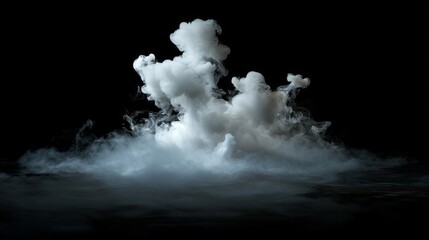 Soft white clouds rise and twist in a dark environment, evoking a sense of mystery and tranquility. The ethereal formations dance with subtle movements, enhancing the serene atmosphere