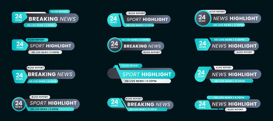 Set of breaking news lower third bar banner design. Tv header bars for news, sports, and live broadcast information. Professional video title templates for broadcast and media vector set collection