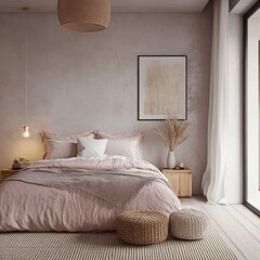 A serene bedroom setting showing warm toned decoration